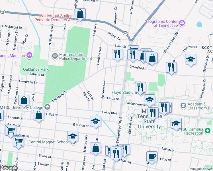map of restaurants, bars, coffee shops, grocery stores, and more near 811 Crestland Avenue in Murfreesboro