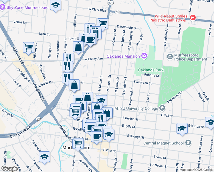 map of restaurants, bars, coffee shops, grocery stores, and more near 701 North Church Street in Murfreesboro