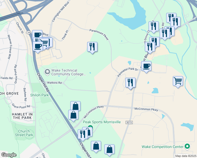 map of restaurants, bars, coffee shops, grocery stores, and more near 3300 Paramount Parkway in Morrisville