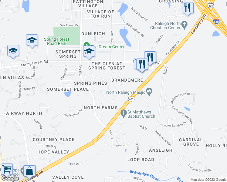 map of restaurants, bars, coffee shops, grocery stores, and more near 5421 Black Maple Drive in Raleigh