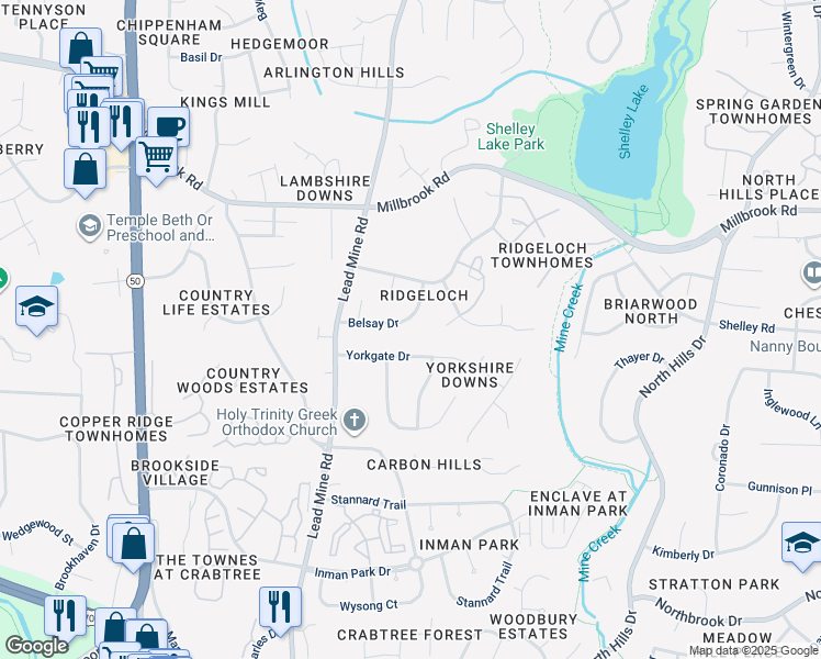 map of restaurants, bars, coffee shops, grocery stores, and more near 5332 Belsay Drive in Raleigh