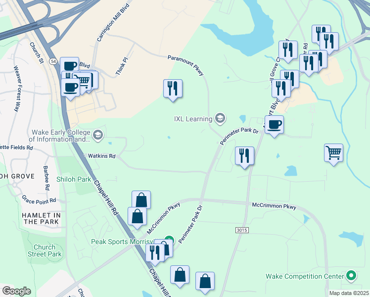 map of restaurants, bars, coffee shops, grocery stores, and more near 3300 Paramount Parkway in Morrisville