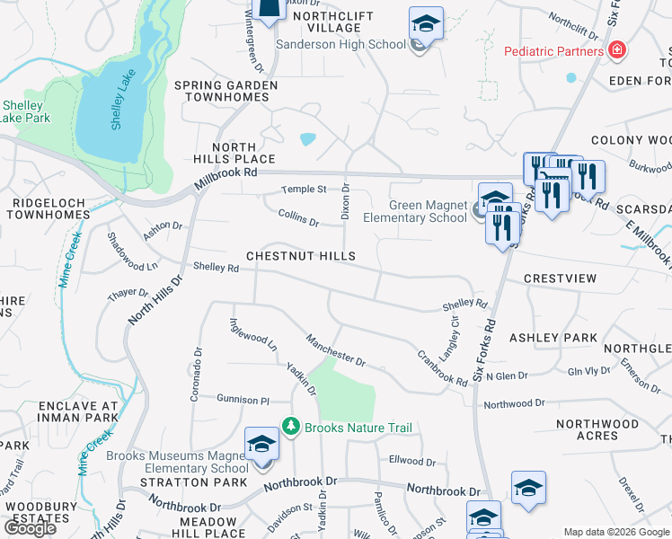 map of restaurants, bars, coffee shops, grocery stores, and more near 961 Wimbleton Drive in Raleigh