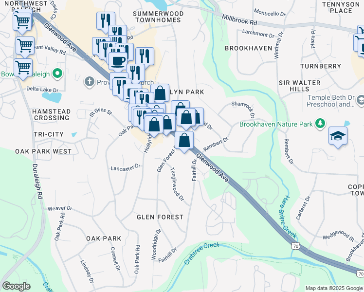 map of restaurants, bars, coffee shops, grocery stores, and more near 5814 Glenwood Avenue in Raleigh
