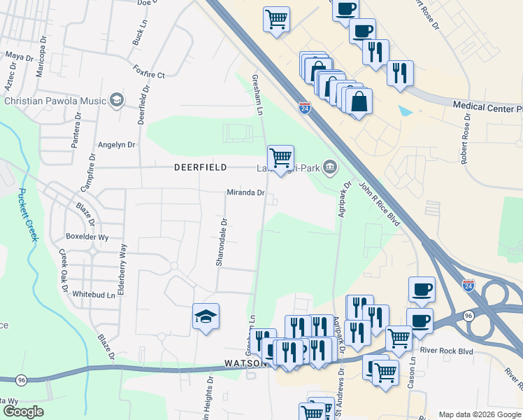 map of restaurants, bars, coffee shops, grocery stores, and more near 591 Gresham Lane in Murfreesboro