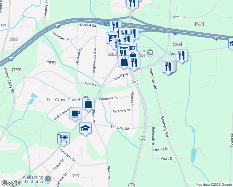 map of restaurants, bars, coffee shops, grocery stores, and more near 1049 Fairgrove Road in Thomasville