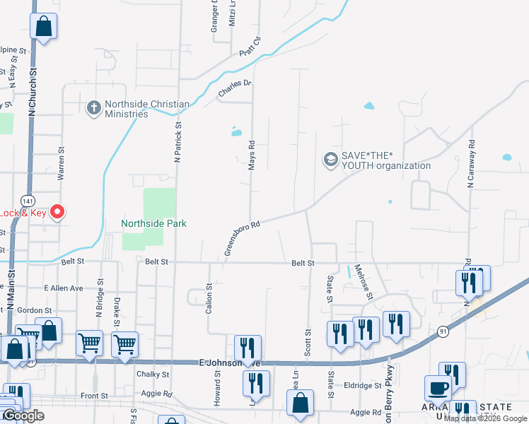 map of restaurants, bars, coffee shops, grocery stores, and more near 1302 Greensboro Road in Jonesboro