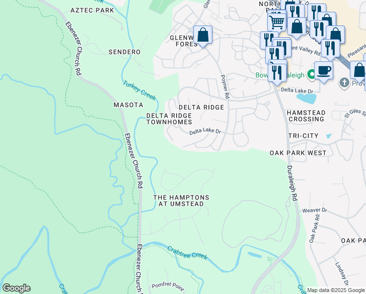 map of restaurants, bars, coffee shops, grocery stores, and more near 5406 Vista View Court in Raleigh