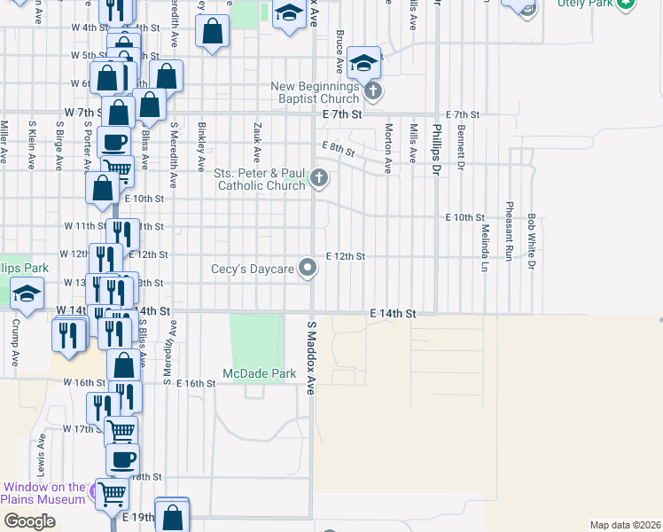 map of restaurants, bars, coffee shops, grocery stores, and more near 1204 Bruce Avenue in Dumas