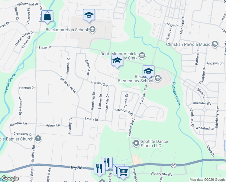 map of restaurants, bars, coffee shops, grocery stores, and more near 556 Piccadilly Drive in Murfreesboro