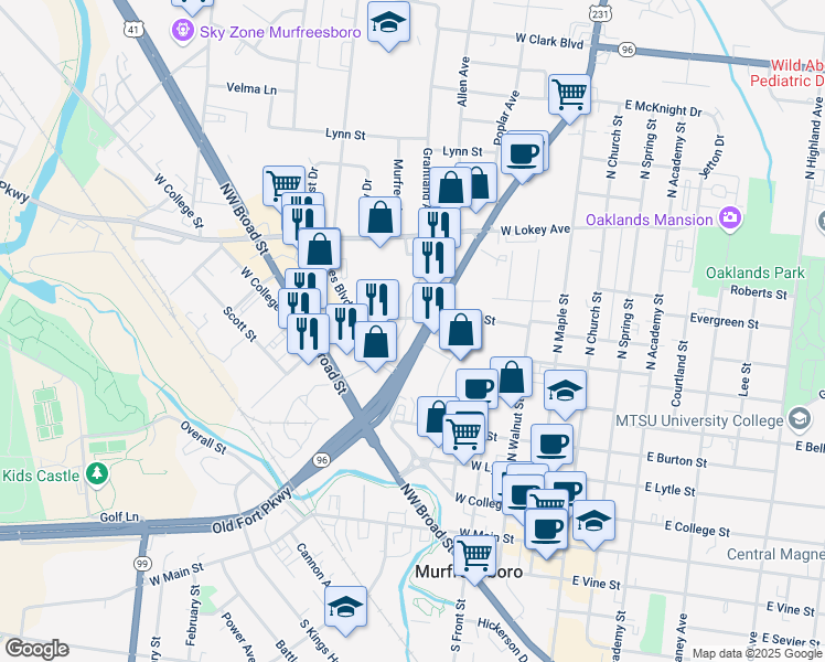 map of restaurants, bars, coffee shops, grocery stores, and more near 615 Memorial Boulevard in Murfreesboro