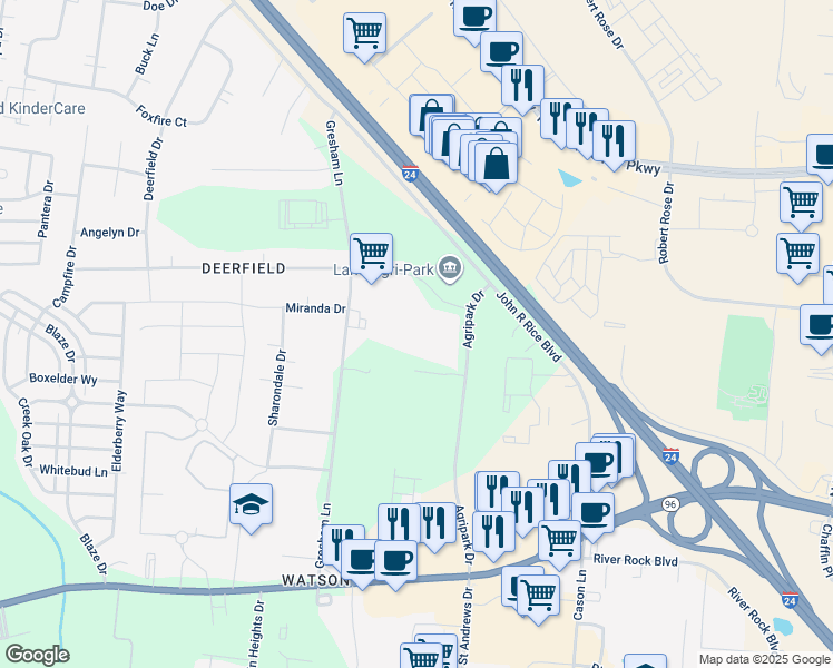 map of restaurants, bars, coffee shops, grocery stores, and more near 547 Gresham Lane in Murfreesboro