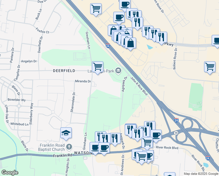 map of restaurants, bars, coffee shops, grocery stores, and more near 547 Gresham Lane in Murfreesboro
