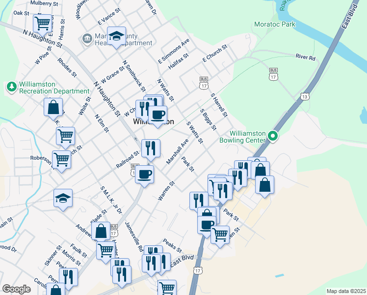 map of restaurants, bars, coffee shops, grocery stores, and more near 111 Marshall Avenue in Williamston