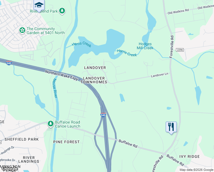 map of restaurants, bars, coffee shops, grocery stores, and more near 4066 Landover Lane in Raleigh