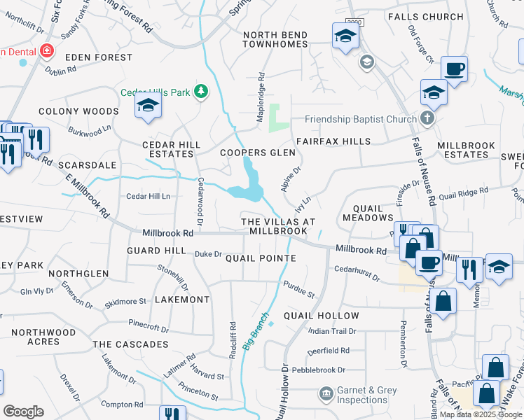map of restaurants, bars, coffee shops, grocery stores, and more near 5057 Tall Pines Court in Raleigh