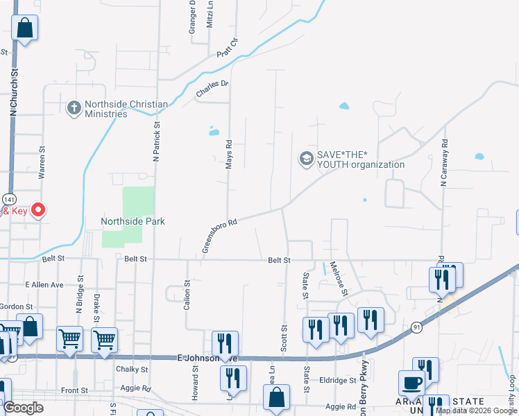 map of restaurants, bars, coffee shops, grocery stores, and more near 1302 Greensboro Rd in Jonesboro