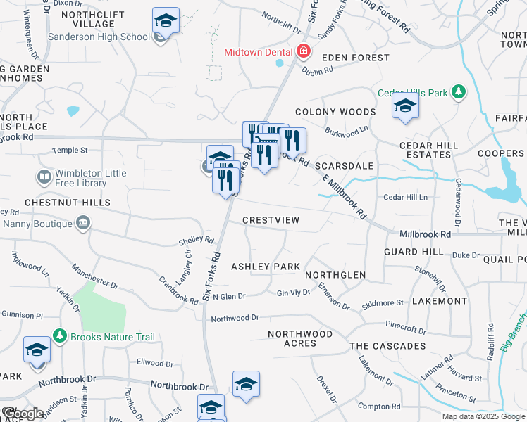 map of restaurants, bars, coffee shops, grocery stores, and more near 114 Windel Drive in Raleigh