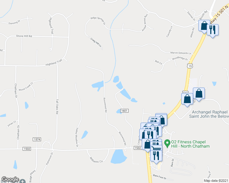 map of restaurants, bars, coffee shops, grocery stores, and more near 485 Cedar Lake Road in Chapel Hill