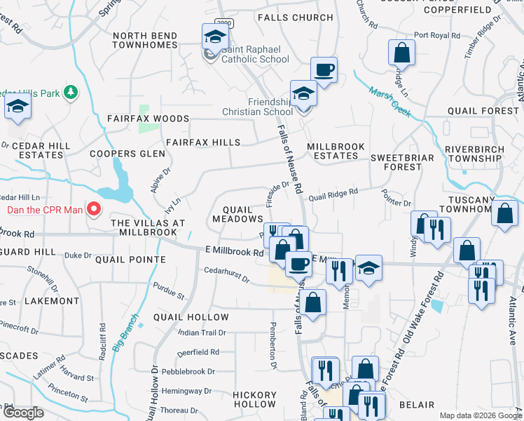 map of restaurants, bars, coffee shops, grocery stores, and more near 5216 Fireside Drive in Raleigh