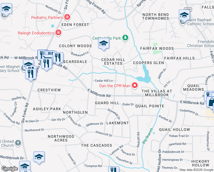 map of restaurants, bars, coffee shops, grocery stores, and more near 428 Cedar Hill Lane in Raleigh