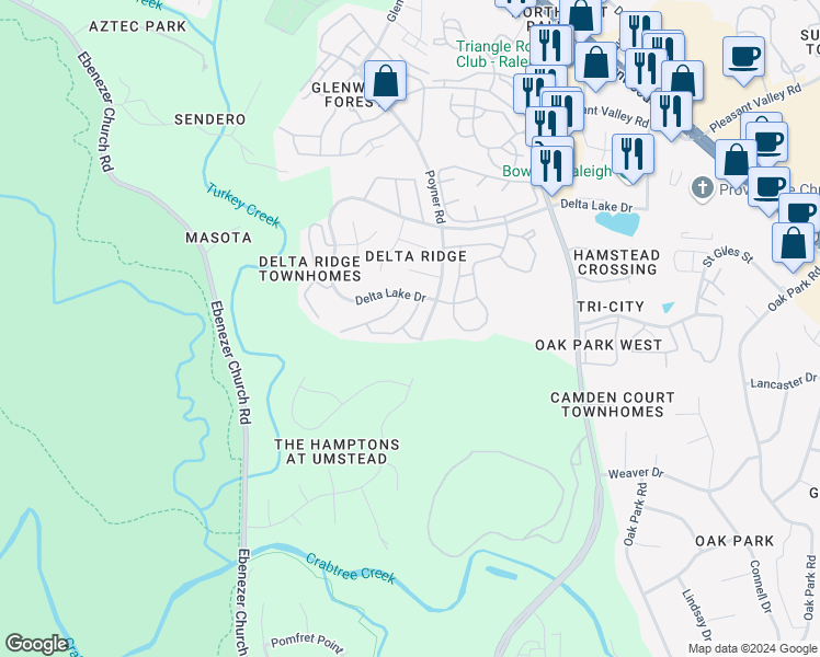 map of restaurants, bars, coffee shops, grocery stores, and more near 4718 Longhill Lane in Raleigh