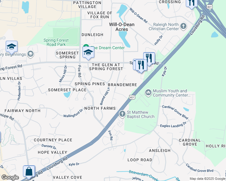 map of restaurants, bars, coffee shops, grocery stores, and more near 5425 Black Maple Drive in Raleigh