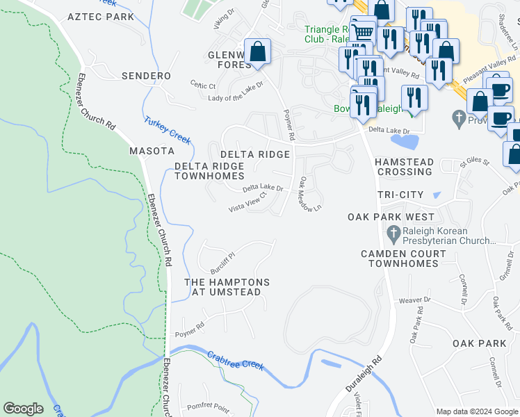map of restaurants, bars, coffee shops, grocery stores, and more near 5441 Crabtree Park Court in Raleigh