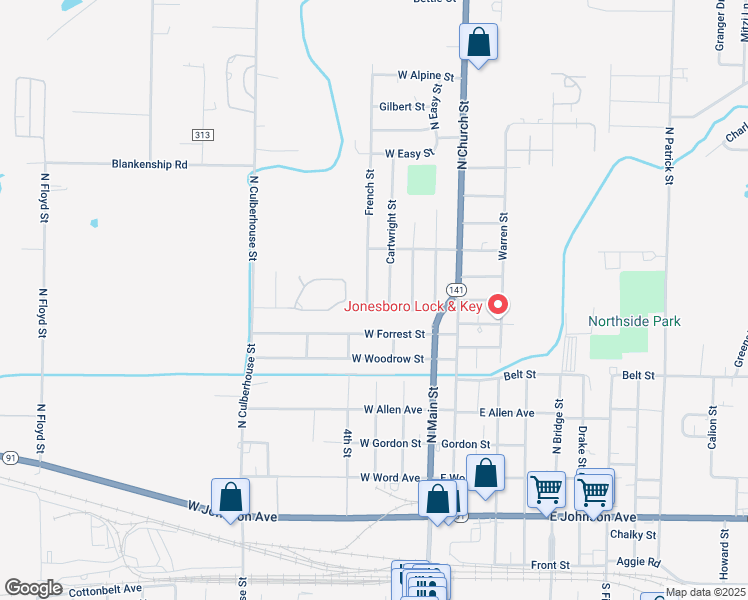 map of restaurants, bars, coffee shops, grocery stores, and more near 809 Cartwright Street in Jonesboro