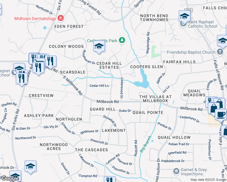 map of restaurants, bars, coffee shops, grocery stores, and more near 5106 Sweetbriar Drive in Raleigh