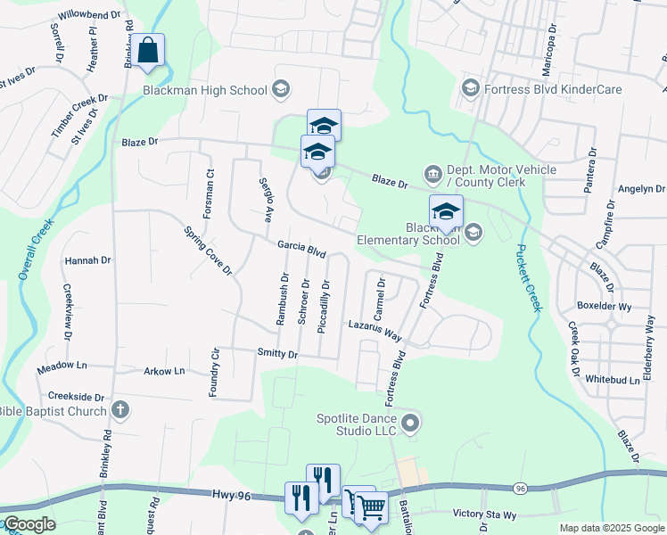 map of restaurants, bars, coffee shops, grocery stores, and more near 556 Piccadilly Drive in Murfreesboro