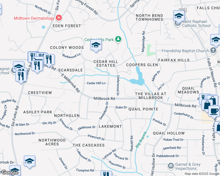 map of restaurants, bars, coffee shops, grocery stores, and more near 5106 Sweetbriar Drive in Raleigh