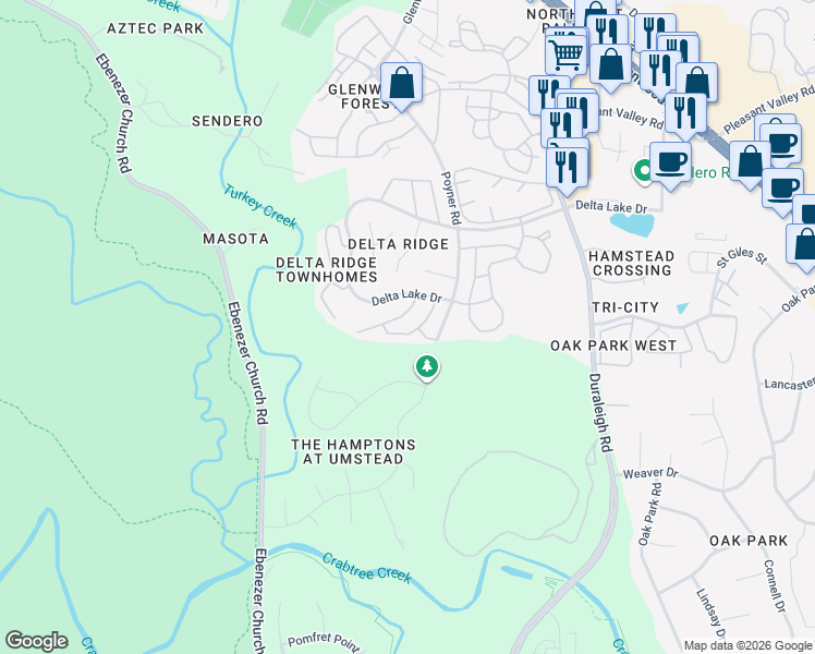 map of restaurants, bars, coffee shops, grocery stores, and more near 5449 Crabtree Park Court in Raleigh