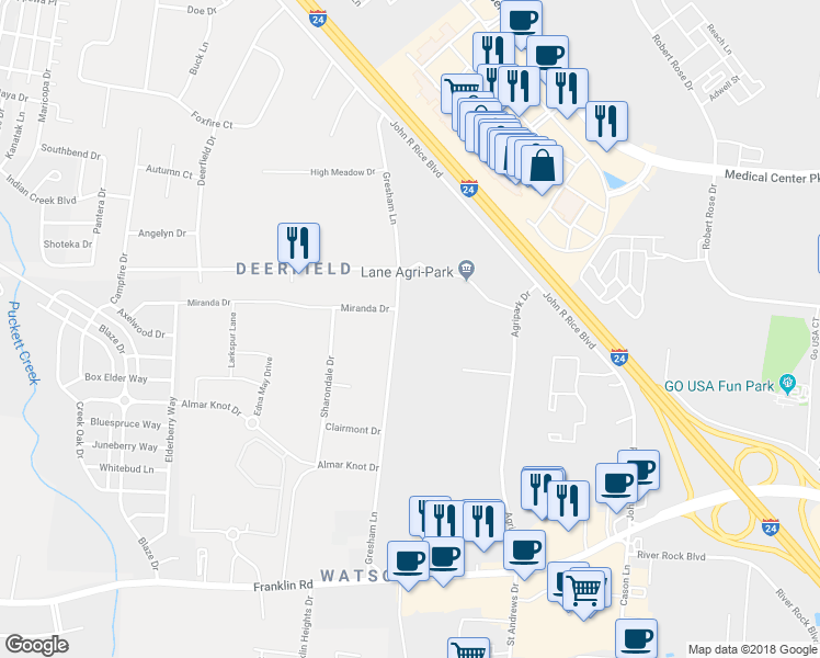 map of restaurants, bars, coffee shops, grocery stores, and more near 591 Gresham Lane in Murfreesboro