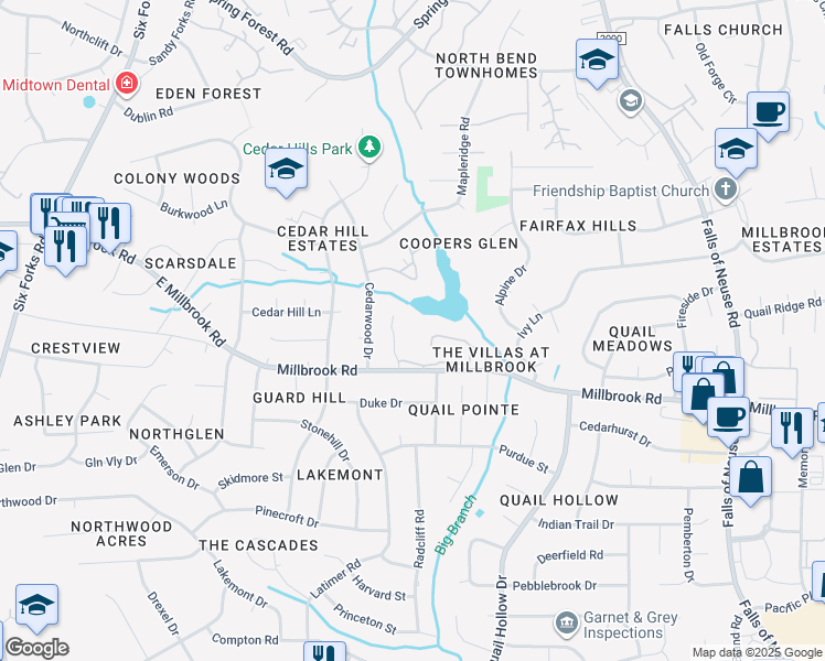map of restaurants, bars, coffee shops, grocery stores, and more near 5082 Flint Ridge Place in Raleigh
