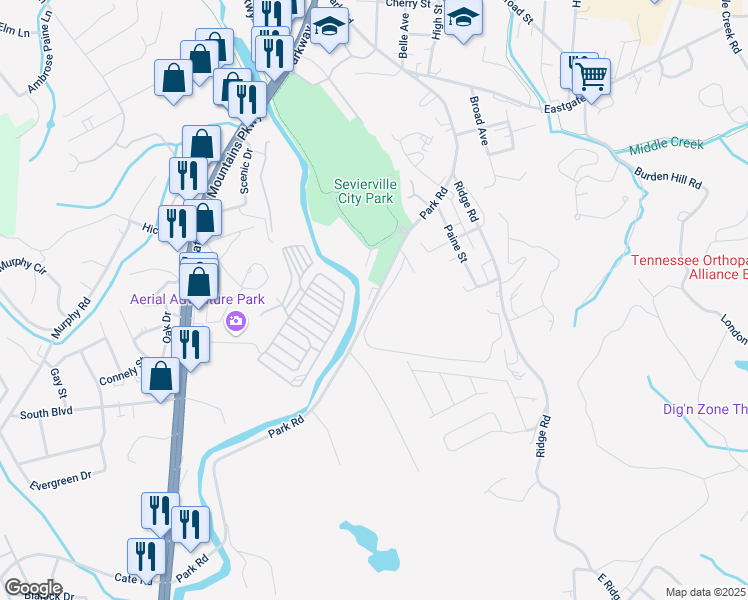 map of restaurants, bars, coffee shops, grocery stores, and more near Park Road in Sevierville