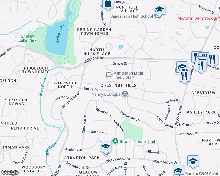 map of restaurants, bars, coffee shops, grocery stores, and more near 1104 Shelley Road in Raleigh