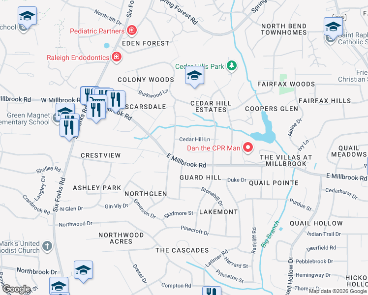 map of restaurants, bars, coffee shops, grocery stores, and more near 401 Crescent Court in Raleigh