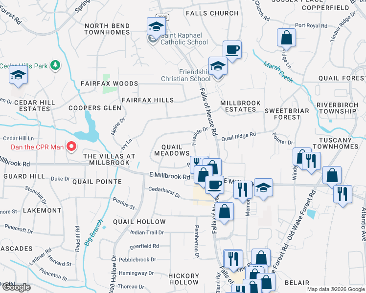 map of restaurants, bars, coffee shops, grocery stores, and more near 5309 Quail Meadow Drive in Raleigh