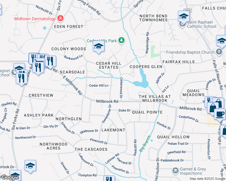 map of restaurants, bars, coffee shops, grocery stores, and more near 5106 Sweetbriar Drive in Raleigh