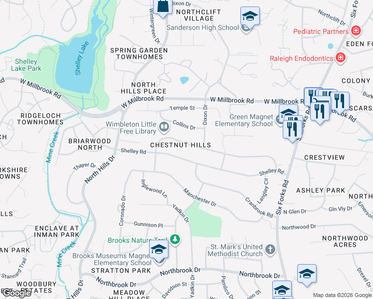 map of restaurants, bars, coffee shops, grocery stores, and more near 1041 Wimbleton Drive in Raleigh