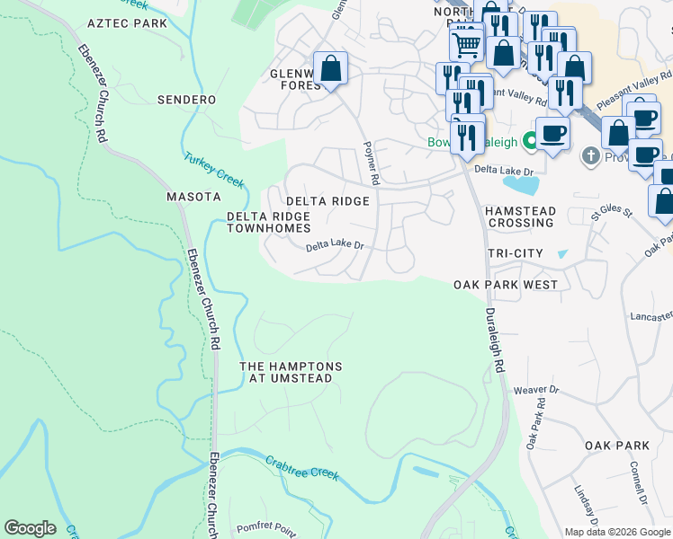 map of restaurants, bars, coffee shops, grocery stores, and more near 5449 Crabtree Park Court in Raleigh