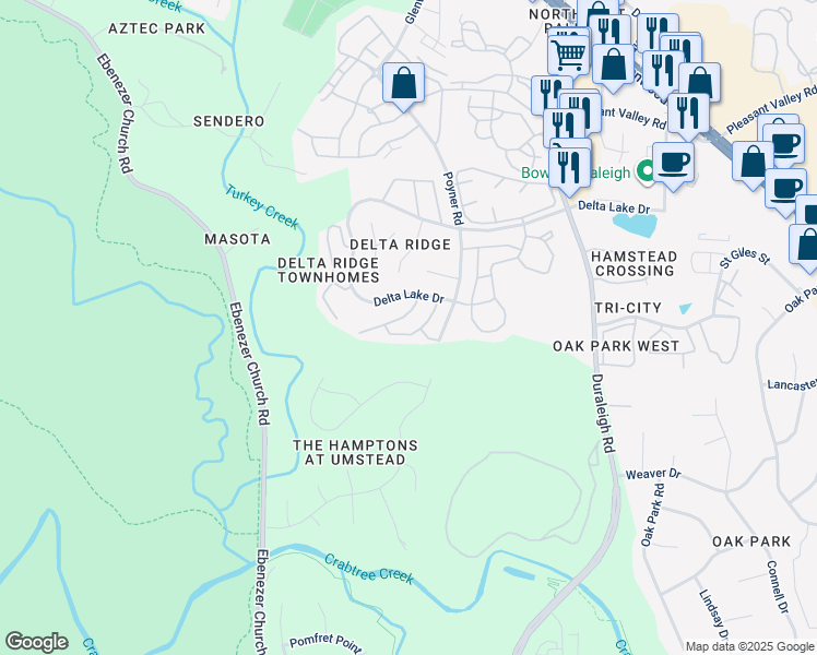 map of restaurants, bars, coffee shops, grocery stores, and more near 5449 Crabtree Park Court in Raleigh