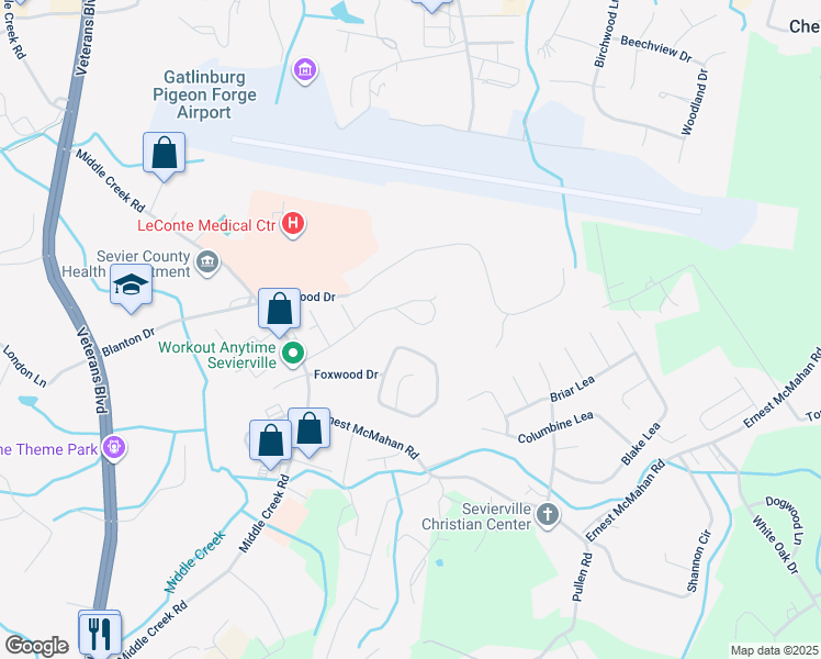 map of restaurants, bars, coffee shops, grocery stores, and more near 1227 Village Drive in Pigeon Forge