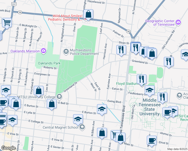 map of restaurants, bars, coffee shops, grocery stores, and more near 902 Greenland Drive in Murfreesboro