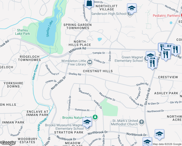map of restaurants, bars, coffee shops, grocery stores, and more near 1104 Shelley Road in Raleigh