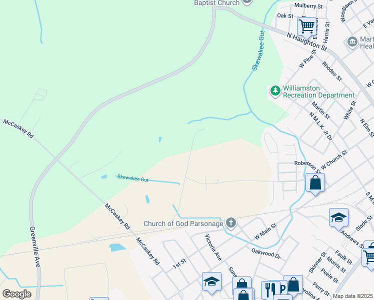 map of restaurants, bars, coffee shops, grocery stores, and more near 1545 West Park Road in Williamston