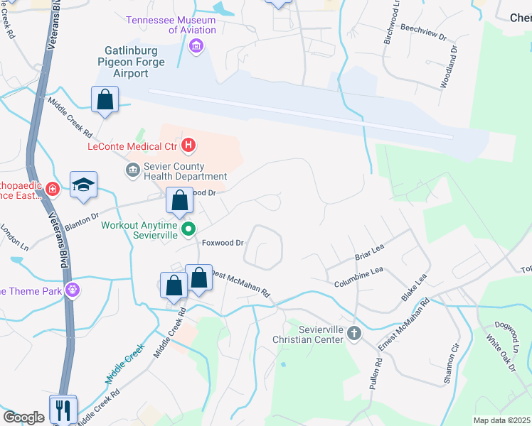 map of restaurants, bars, coffee shops, grocery stores, and more near 1227 Village Drive in Pigeon Forge