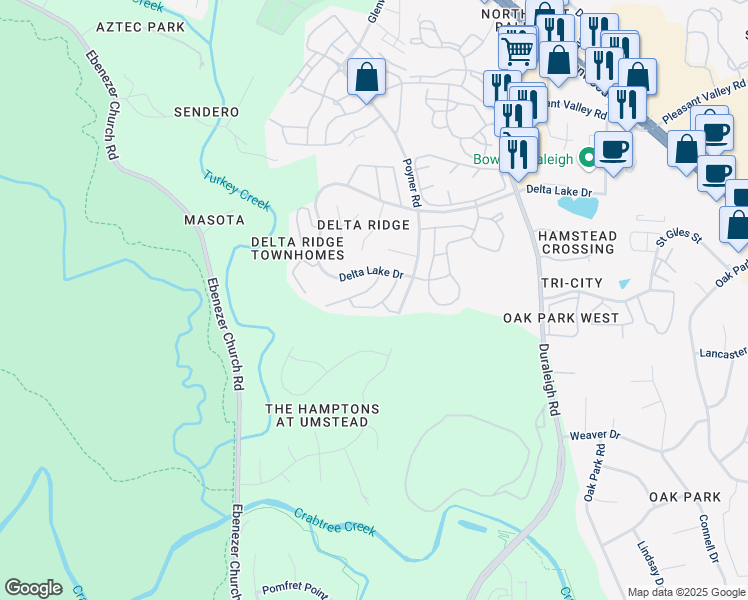 map of restaurants, bars, coffee shops, grocery stores, and more near 5449 Crabtree Park Court in Raleigh
