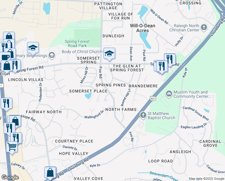 map of restaurants, bars, coffee shops, grocery stores, and more near 5409 Wenesly Court in Raleigh